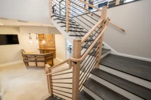 Renovated office lobby and staircase with metal railings