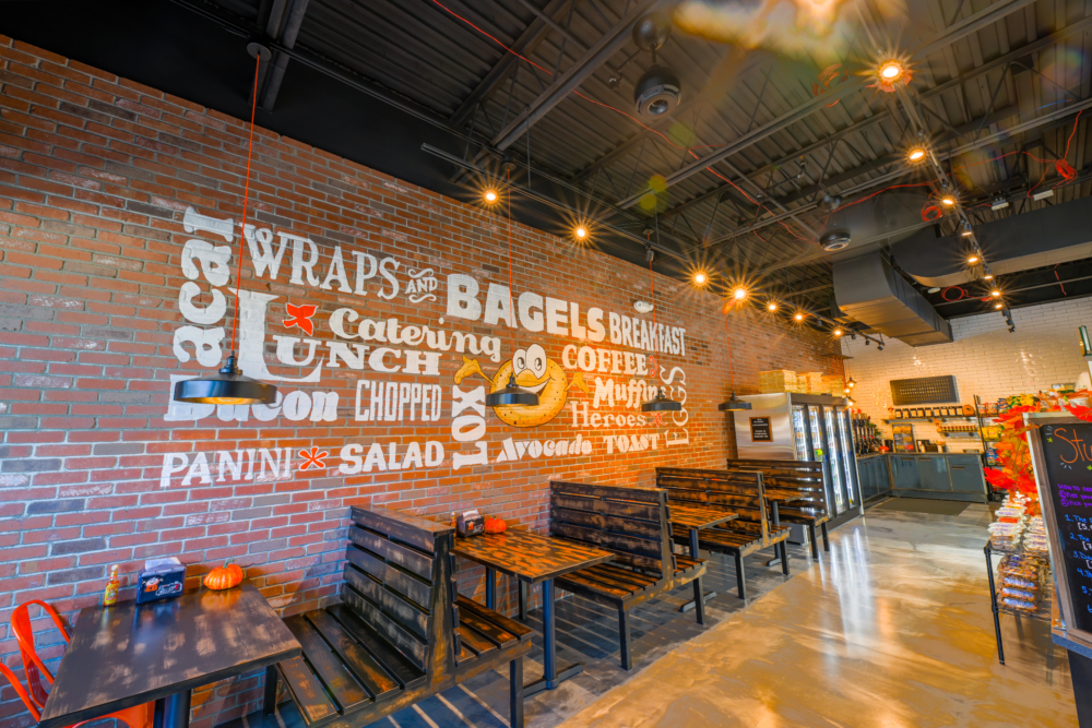 Professionally cleaned dining area at a bagel shop