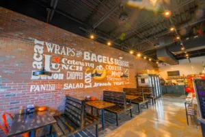 Professionally cleaned dining area at a bagel shop