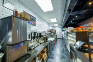 Professionally cleaned bagel shop kitchen food prep area