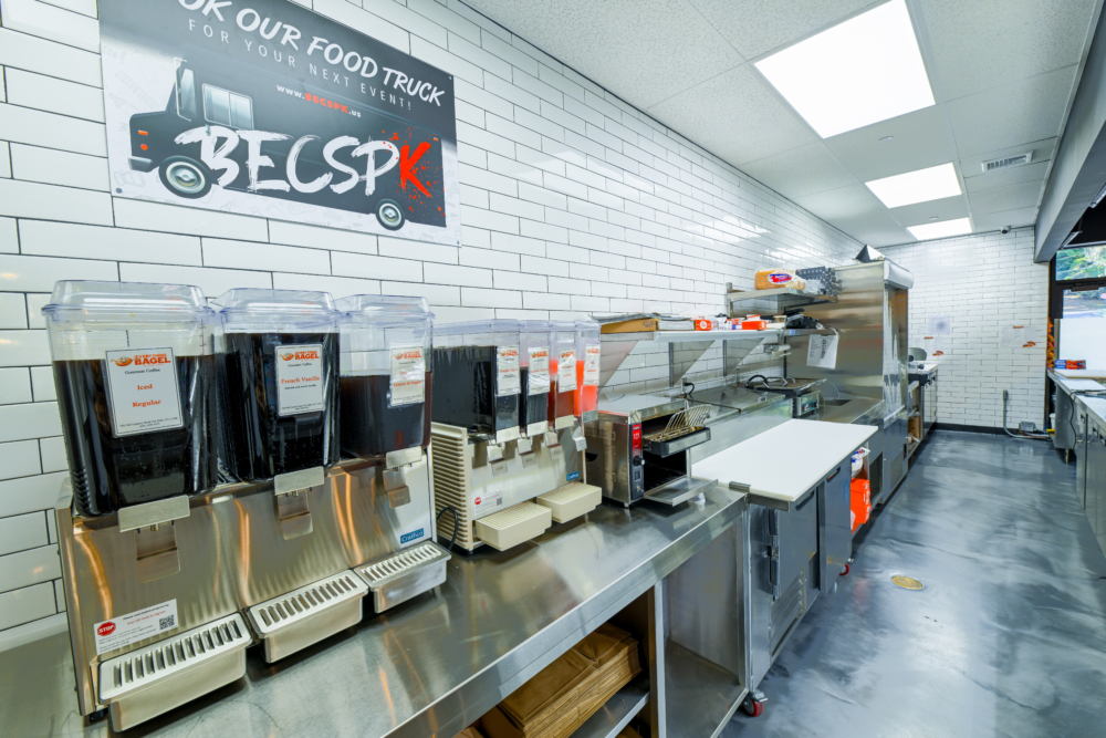 Professionally cleaned bagel shop kitchen food prep area