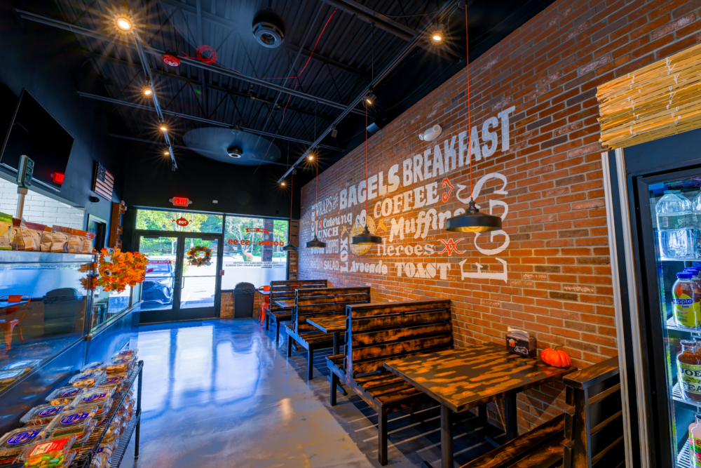 Professionally cleaned dining area at a bagel shop
