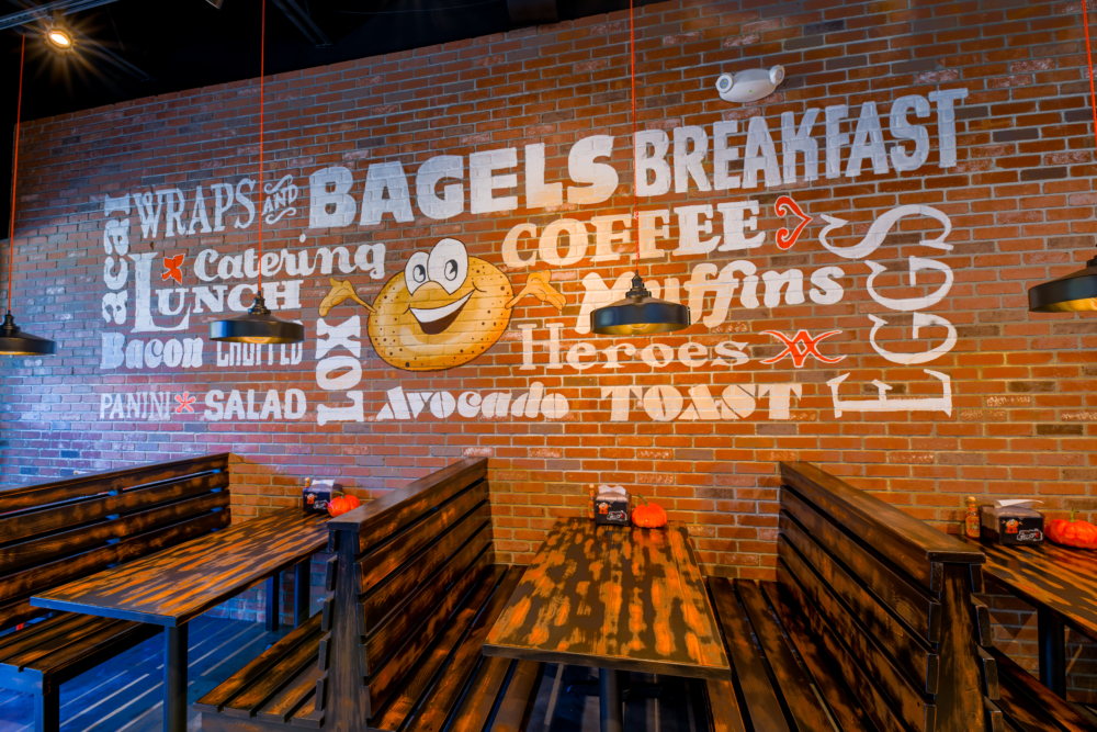 Professionally cleaned dining area at a bagel shop